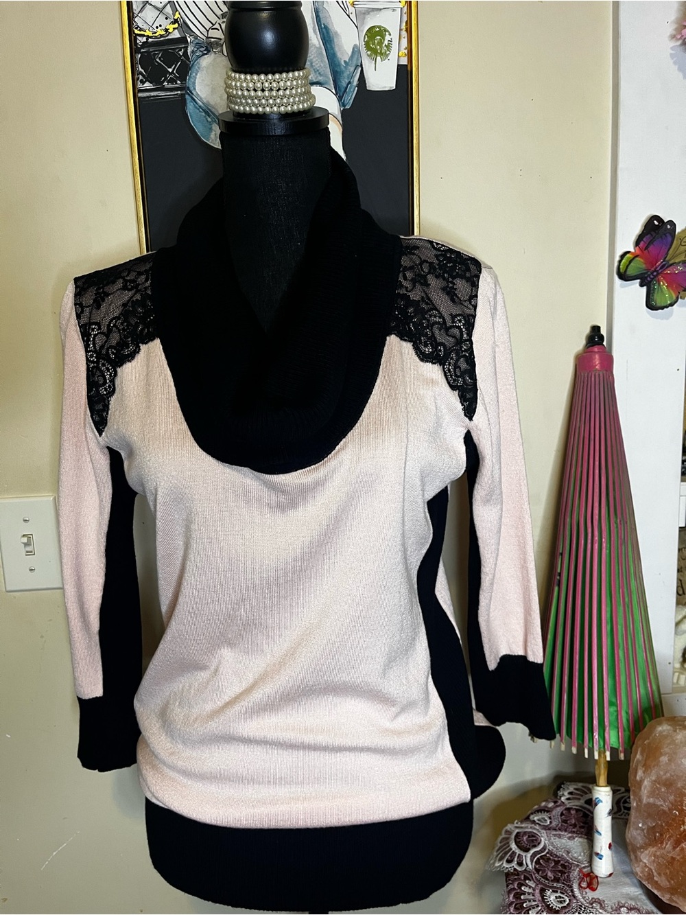 BCX Black & Blush Cowl Neck Sweater with Lace Shoulder Accents